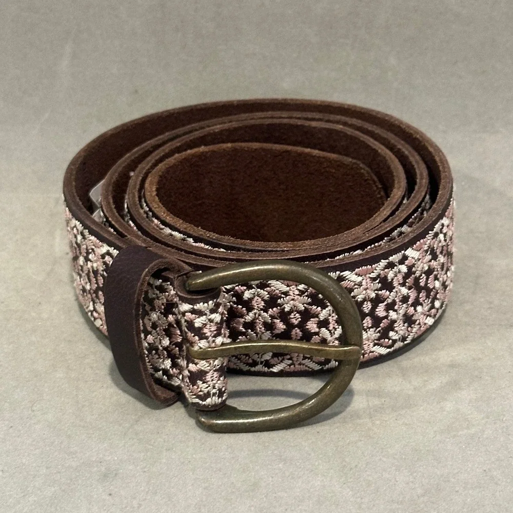 Lucky Brand Brown Leather Embroidered Belt Pink White Geometric XL BUD0271 NEW